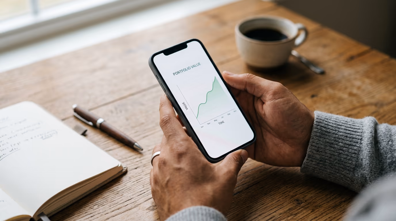 Hands holding a phone showing a share portfolio chart on a desk with a notebook and coffee