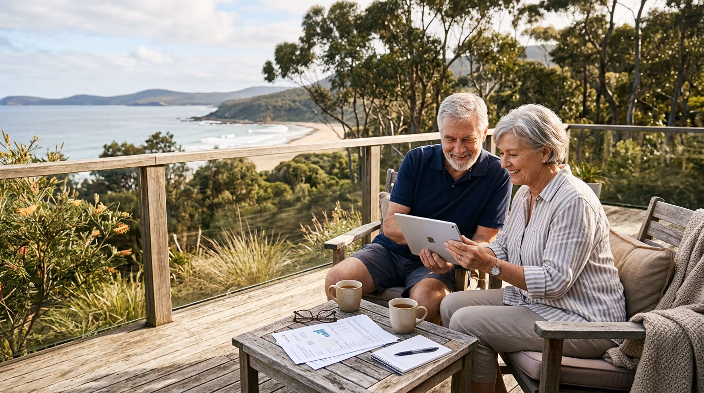 An older couple on a sunny deck reviewing their super balance on a tablet with a cup of tea